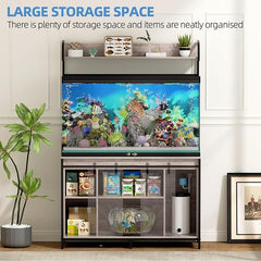 SYESWAY 55-75 Gallon Fish Tank Stand with Power Outlets, Heavy Duty Metal Frame Aquarium Stand with Barn Door, Turtle Reptile Terrariums Stand, 1000LBS Capacity, Brown