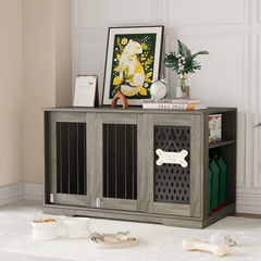 SNYNUXX Dog Crate Furniture with Pegboard, Storage Cabinet and Hidden Sliding Doors, Indoor Furniture-Style Wooden Puppy Dog Kennel for Medium Small Dogs, Gray