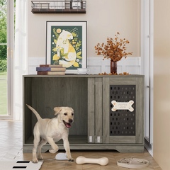 SNYNUXX Dog Crate Furniture with Pegboard, Storage Cabinet and Hidden Sliding Doors, Indoor Furniture-Style Wooden Puppy Dog Kennel for Medium Small Dogs, Gray