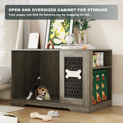 SNYNUXX Dog Crate Furniture with Pegboard, Storage Cabinet and Hidden Sliding Doors, Indoor Furniture-Style Wooden Puppy Dog Kennel for Medium Small Dogs, Gray