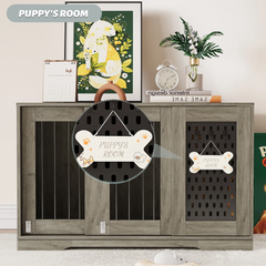 SNYNUXX Dog Crate Furniture with Pegboard, Storage Cabinet and Hidden Sliding Doors, Indoor Furniture-Style Wooden Puppy Dog Kennel for Medium Small Dogs, Gray