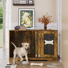 SNYNUXX Dog Crate Furniture with Pegboard, Storage Cabinet and Hidden Sliding Doors, Indoor Furniture-Style Wooden Puppy Dog Kennel for Medium Small Dogs, Gray