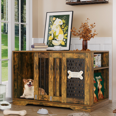 SNYNUXX Dog Crate Furniture with Pegboard, Storage Cabinet and Hidden Sliding Doors, Indoor Furniture-Style Wooden Puppy Dog Kennel for Medium Small Dogs, Gray