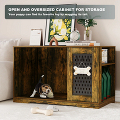 SNYNUXX Dog Crate Furniture with Pegboard, Storage Cabinet and Hidden Sliding Doors, Indoor Furniture-Style Wooden Puppy Dog Kennel for Medium Small Dogs, Gray