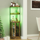 EOYUTLLY Corner Bar Cabinet with Power Outlet and LED Strip, 65" H 5-Tier Corner Liquor Wine Display Cabinet for Home, Corner Bar and Storage Solution for Living Room, Kitchen, Home Bar, Brown