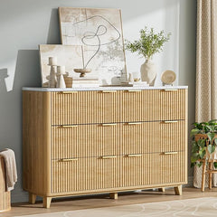 6 Drawer Dresser for Bedroom, 55" Wide Wood Fluted Chest of Drawers with Faux Marble Top, Clothes Storage Organizer Wooden TV Stand for Living Room, Hallway, Natural Oak