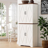 72โ Pantry Cabinet, Tall Kitchen Storage Cabinet with 2-Raw Wine Rack, 10 Hooks & 6 Door Shelves, Modern Farmhouse Cupboard with Adjustable Shelf and Drawer for Kitchen, Dining Room, White (White)