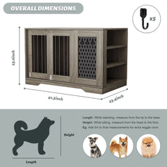 SNYNUXX Dog Crate Furniture with Pegboard, Storage Cabinet and Hidden Sliding Doors, Indoor Furniture-Style Wooden Puppy Dog Kennel for Medium Small Dogs, Gray