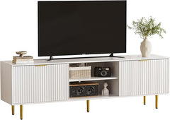 TV Stand for 75 Inch TV, Fluted TV Stands with Sliding Doors, White Modern Entertainment Center TV Console Table with Adjustable Shelves, TV Stand for Living Room Bedroom, White