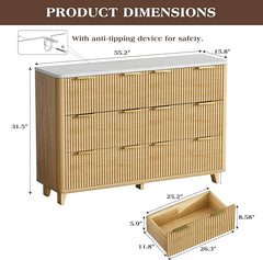6 Drawer Dresser for Bedroom, 55" Wide Wood Fluted Chest of Drawers with Faux Marble Top, Clothes Storage Organizer Wooden TV Stand for Living Room, Hallway, Natural Oak