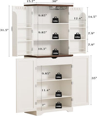 72” Pantry Cabinet, Tall Kitchen Storage Cabinet with 2-Raw Wine Rack, 10 Hooks & 6 Door Shelves, Modern Farmhouse Cupboard with Adjustable Shelf and Drawer for Kitchen, Dining Room, White (White)