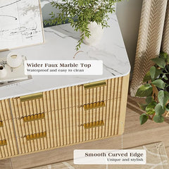 6 Drawer Dresser for Bedroom, 55" Wide Wood Fluted Chest of Drawers with Faux Marble Top, Clothes Storage Organizer Wooden TV Stand for Living Room, Hallway, Natural Oak
