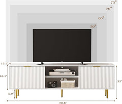 TV Stand for 75 Inch TV, Fluted TV Stands with Sliding Doors, White Modern Entertainment Center TV Console Table with Adjustable Shelves, TV Stand for Living Room Bedroom, White