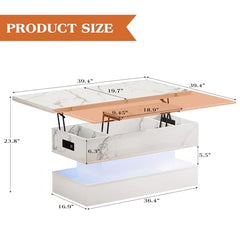 Lift Top Coffee Table with Charging Station, Modern High Glossy LED Coffee Table with Storage, 3 in 1 Multifunctional Coffee Table with Hidden Compartments for Living Room, White