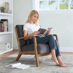 Mid Century Modern Accent Chairs, Upholstered Corduroy Fabric Lounge Arm Chair with Lumbar Cushion & Solid Wood Frame for for Living Room, Bedroom, Balcony, Camel