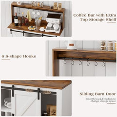 Coffee Bar Cabinet, Sliding Barn Door & Adjustable Shelves, 47" Farmhouse Coffee Bar Wine Bar Cabinet with Wine Rack & 6 Hooks, Bar Cabinet for Home Dining Living Room, Grey