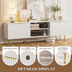 TV Stand for 75 Inch TV, Fluted TV Stands with Sliding Doors, White Modern Entertainment Center TV Console Table with Adjustable Shelves, TV Stand for Living Room Bedroom, White