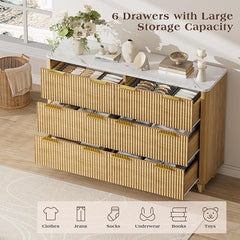 6 Drawer Dresser for Bedroom, 55" Wide Wood Fluted Chest of Drawers with Faux Marble Top, Clothes Storage Organizer Wooden TV Stand for Living Room, Hallway, Natural Oak