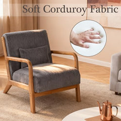 Mid Century Modern Accent Chairs, Upholstered Corduroy Fabric Lounge Arm Chair with Lumbar Cushion & Solid Wood Frame for for Living Room, Bedroom, Balcony, Camel