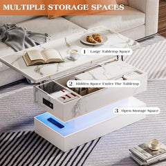 Lift Top Coffee Table with Charging Station, Modern High Glossy LED Coffee Table with Storage, 3 in 1 Multifunctional Coffee Table with Hidden Compartments for Living Room, White