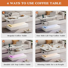 Lift Top Coffee Table with Charging Station, Modern High Glossy LED Coffee Table with Storage, 3 in 1 Multifunctional Coffee Table with Hidden Compartments for Living Room, White