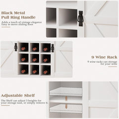 Coffee Bar Cabinet, 47" Farmhouse Sideboard Buffet Cabinet with Sliding Barn Door, Wine Rack & 6 Hooks, Wine Bar Cabinet for Home Dining Living Room, Dark Rustic Oak