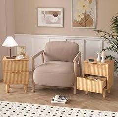 Urban Deco Nightstand with Charging Station, Small Wooden Bedside Table with Storage Drawer, Modern End Side Table with 2 Wood Fluted Drawers for Bedroom (Natural)