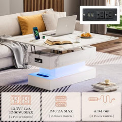 Lift Top Coffee Table with Charging Station, Modern High Glossy LED Coffee Table with Storage, 3 in 1 Multifunctional Coffee Table with Hidden Compartments for Living Room, White