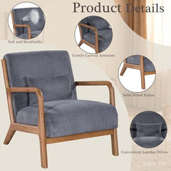 Mid Century Modern Accent Chairs, Upholstered Corduroy Fabric Lounge Arm Chair with Lumbar Cushion & Solid Wood Frame for for Living Room, Bedroom, Balcony, Camel