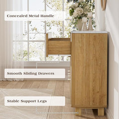 6 Drawer Dresser for Bedroom, 55" Wide Wood Fluted Chest of Drawers with Faux Marble Top, Clothes Storage Organizer Wooden TV Stand for Living Room, Hallway, Natural Oak