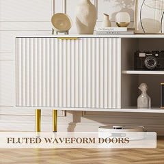 TV Stand for 75 Inch TV, Fluted TV Stands with Sliding Doors, White Modern Entertainment Center TV Console Table with Adjustable Shelves, TV Stand for Living Room Bedroom, White