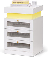 Urban Deco Nightstand with LED Light and Charging Station, Night Stand with Drawers Bedside Table with Sliding Top for Bedroom, White