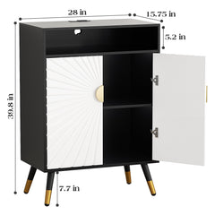 EOYUTLLY Buffet Cabinet with Storage, Buffet Cabinet with Charging Station & LED Light, Sideboard Cabinet with Decorative Sunlight Pattern Door, Accent Cabinet for Living Room, Entryway, Black & White