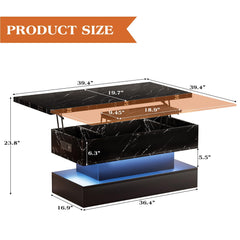 39.4" Lift Top Coffee Table with Charging Station, High-Glossy Marbling Print Center Table with Hidden Compartment Storage, LED Coffee Table for Living Room, White