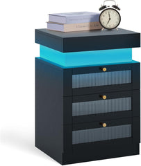Nightstand with Charging Station, LED Nightstand with Sliding Top, Modern Black Nightstand with 3 Acrylic Drawers, Bedside Table with Storage for Bedroom, Black
