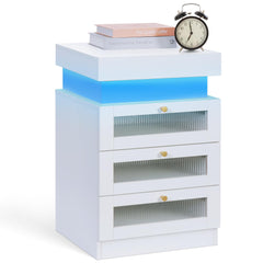 Nightstand with Charging Station and RGB LED Light, Modern Nightstand with Sliding Top, Bedside Table with 3 Drawers, End Table Side Table with Storage for Bedroom, White