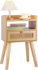 EOYUTLLY Rattan Nightstand Side Table with Storage Drawer and Open Shelf, Bedside Table for Solid Wood Legs, Modern End Table for Living Room, Bedroom and Small Space, Natural