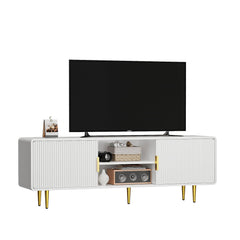 TV Stand for 65 Inch TV, Fluted TV Stand with Curved Profile Design, Wood Entertainment Center TV Console Table with Sliding Doors & Adjustable Shelves, TV Stand for Living Room Bedroom, Natural