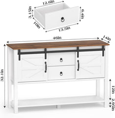 Coffee Bar Cabinet, 46”Farmhouse Coffee Bar with 2 Drawers and Sliding Barn Doors, Coffee Bar Buffet Cabinet Entryway Table with Storage for Dining Room, Living Room, Entryway, White