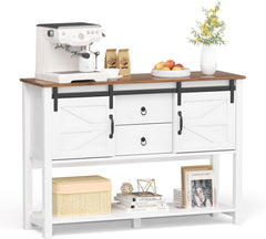 Coffee Bar Cabinet, 46”Farmhouse Coffee Bar with 2 Drawers and Sliding Barn Doors, Coffee Bar Buffet Cabinet Entryway Table with Storage for Dining Room, Living Room, Entryway, White