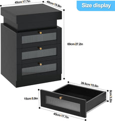 Nightstand with Charging Station, LED Nightstand with Sliding Top, Modern Black Nightstand with 3 Acrylic Drawers, Bedside Table with Storage for Bedroom, Black