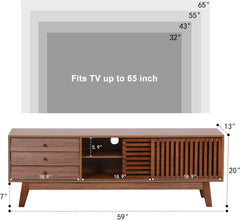 EOYUTLLY TV Stand for 55 59 65 inch TV, Living Room Entertainment Center with Storage 3 Drawers Adjustable Shelves 2 Smooth Sliding Doors Sturdy Wood Legs Floating TV Stand for Living Room