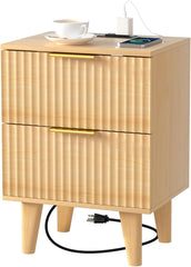 Urban Deco Nightstand with Charging Station, Small Wooden Bedside Table with Storage Drawer, Modern End Side Table with 2 Wood Fluted Drawers for Bedroom (Natural)
