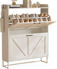 EOYUTLLY Shoe Cabinet for Entryway with 2 Flip Drawers,Narrow Wooden Shoe Storage Cabinet with Metal Legs,Hold 24 Pairs, 4-Tier Adjustable Shelves–Freestanding Hidden Shoe Organizer for Hallway, Foyer