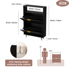 Urban Deco Shoe Storage Cabinet for Entryway, Wooden Organizer Shoe Cabinet with 2 Flip Drawers, Elegant 2 Tier Freestanding Shoe Organizer (Black)