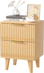Urban Deco Wooden Nightstand with 2 Drawers, Small Bedside Table with Storage, Mid Century Modern End Side Table with Wood Fluted Drawers for Bedroom, Living Room(Natural)