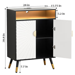 EOYUTLLY Buffet Cabinet with Storage, Buffet Cabinet with Charging Station & LED Light, Sideboard Cabinet with Decorative Sunlight Pattern Door, Accent Cabinet for Living Room, Entryway, Black & White