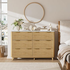 6 Drawer Dresser for Bedroom, 55" Wide Wood Fluted Chest of Drawers with Faux Marble Top, Clothes Storage Organizer Wooden TV Stand for Living Room, Hallway, Natural Oak