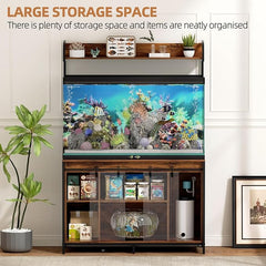 SYESWAY 55-75 Gallon Fish Tank Stand with Power Outlets, Heavy Duty Metal Frame Aquarium Stand with Barn Door, Turtle Reptile Terrariums Stand, 1000LBS Capacity, Brown