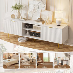 TV Stand for 75 Inch TV, Fluted TV Stands with Sliding Doors, White Modern Entertainment Center TV Console Table with Adjustable Shelves, TV Stand for Living Room Bedroom, White